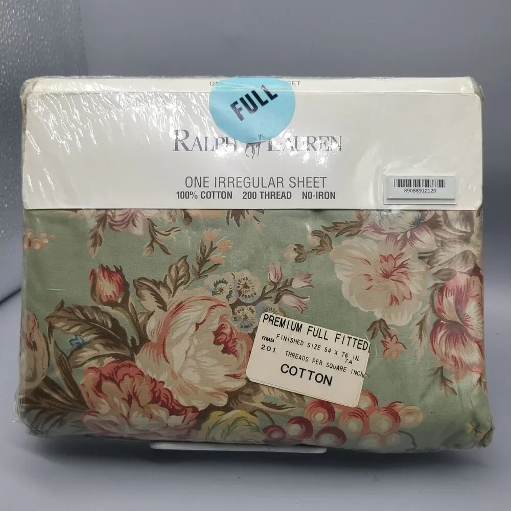 NEW VINTAGE RALPH LAUREN GREEN CHARLOTTE Irregular Full Fitted Sheet Roses